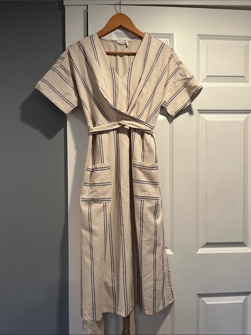 Blu Pepper Cream Midi Wrap Dress with Navy Stripes